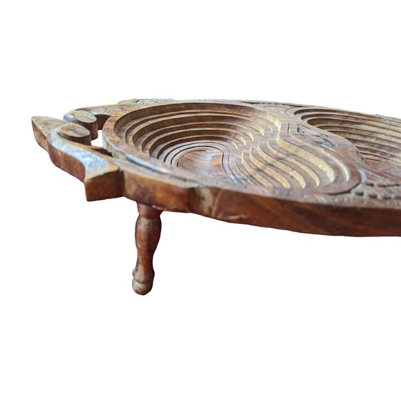 Vintage Wood Coil Carved Bowl Expandable Primitive Decor Footed Double - Picture 2 of 8